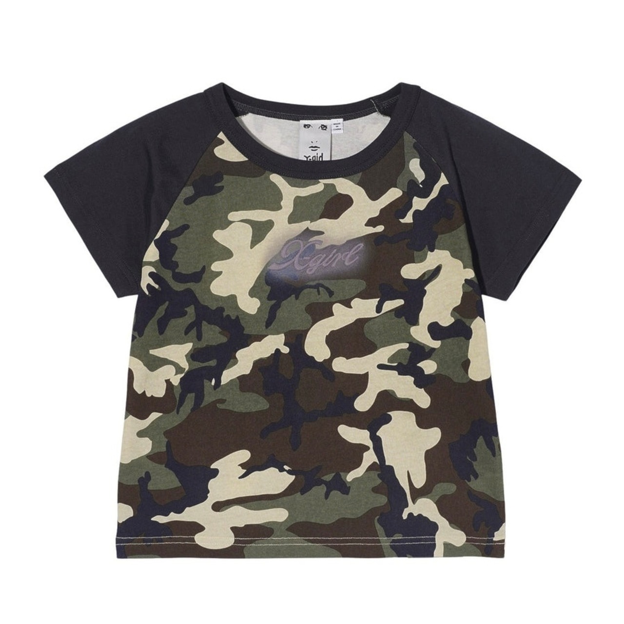 【X-girl】SPRAY PRINT AND EMBROIDERY S/S RAGLAN BABY TEE【エックスガール】