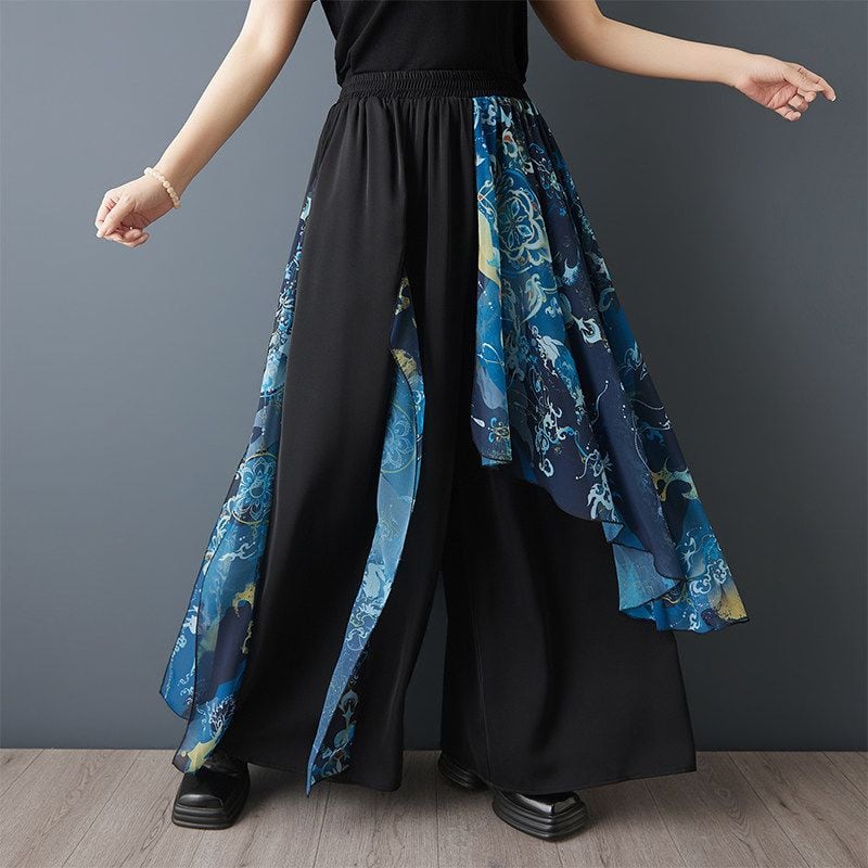 PRINT LAYERED DRAPED ELASTIC WIDE LEG PANTS M-18081