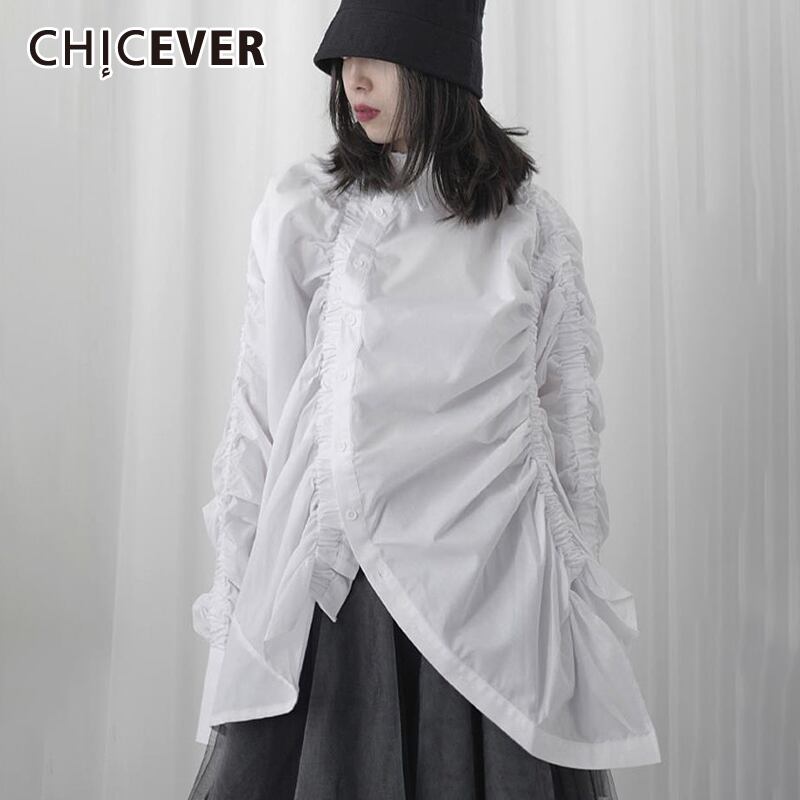 CHICEVERホワイトシャツブラウスレディースラペルシャーリングパフ長袖ルーズアシンメトリーレディースシャツ2020ストリートウェア ロング 6base514077383713