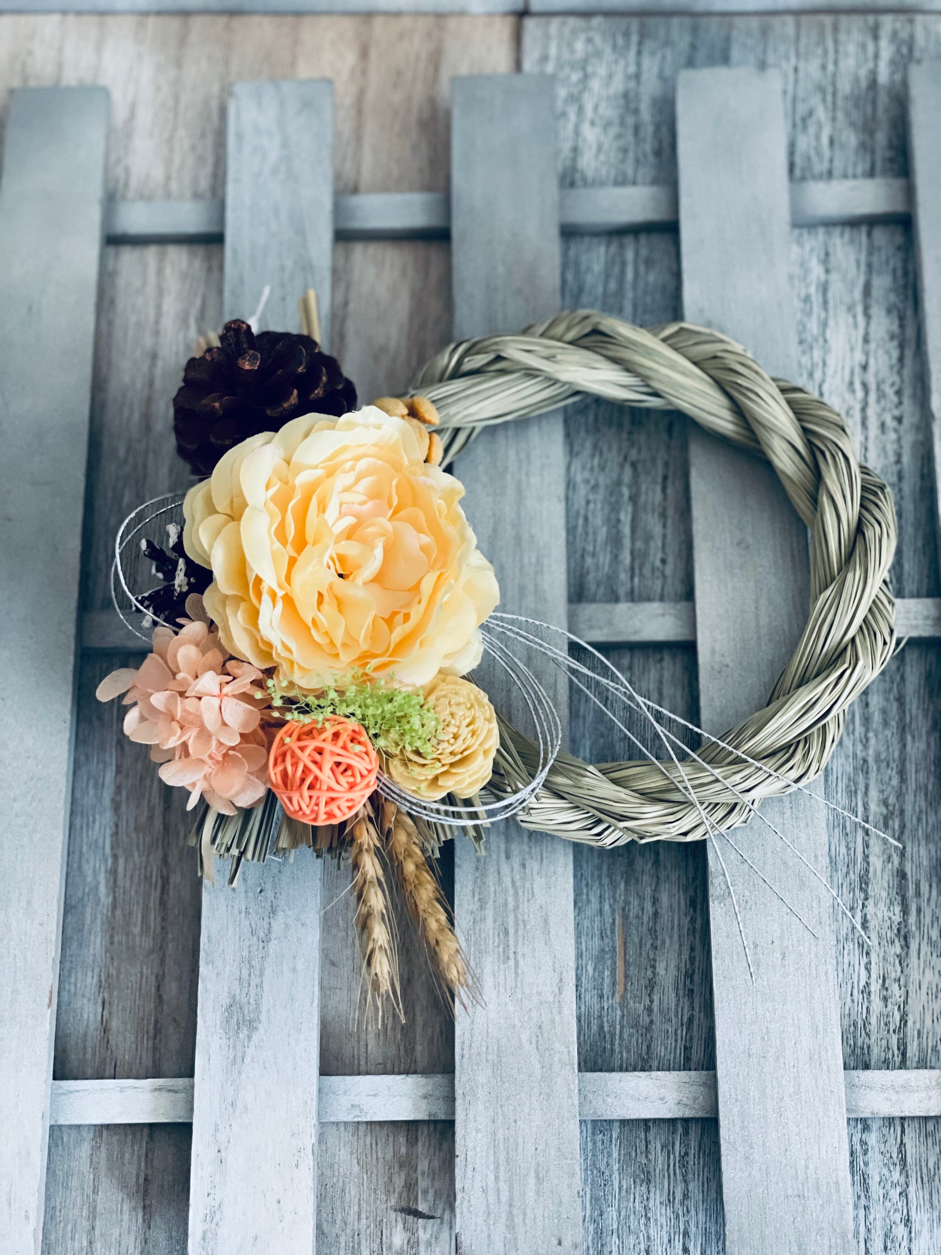 ☸大輪イエローローズの謹賀新年正月飾り しめ縄リース 花飾り☆謹賀