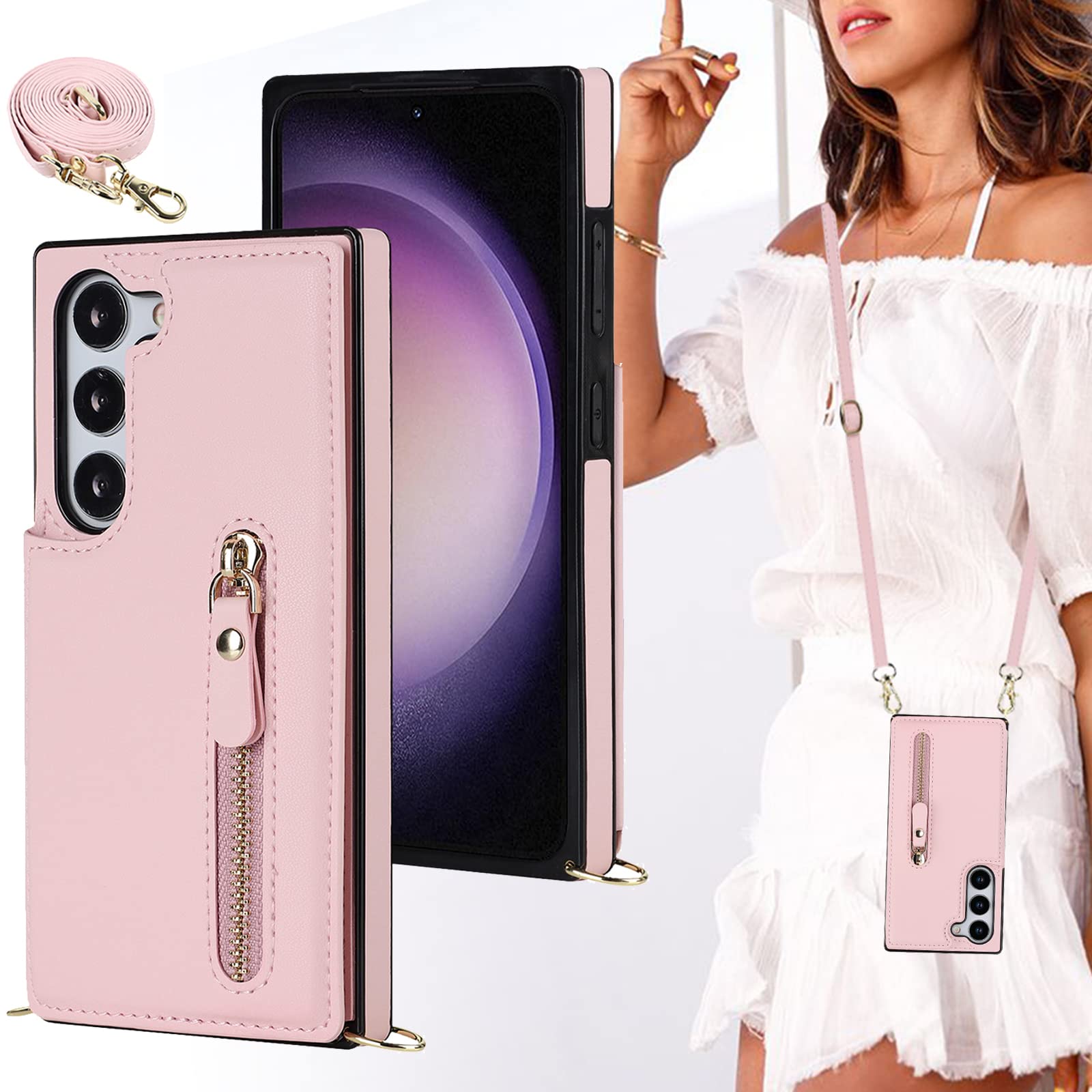 BonwFzin 適用 Galaxy S23 SC-52D SCG20 用 ケース ショルダー 背面 フリップ カード入れ ピンク