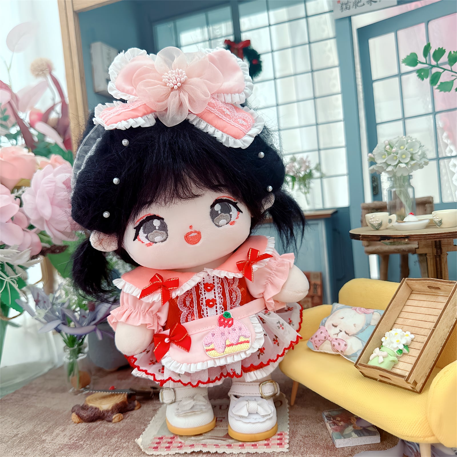 20cmぬいぐるみ用 花柄レースワンピース+エプロン+ヘアバンド かわいい