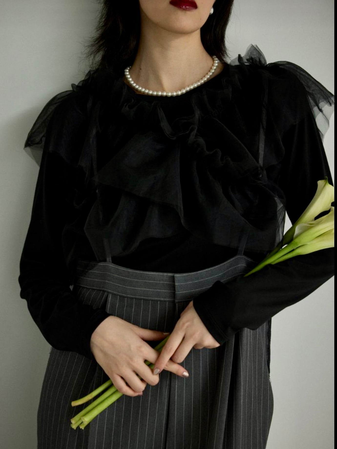 【送料無料】Mewl(ミュール) マルチWAYチュールフリルトップス カットソー フリル ブラック 手洗い可能 M254-83052