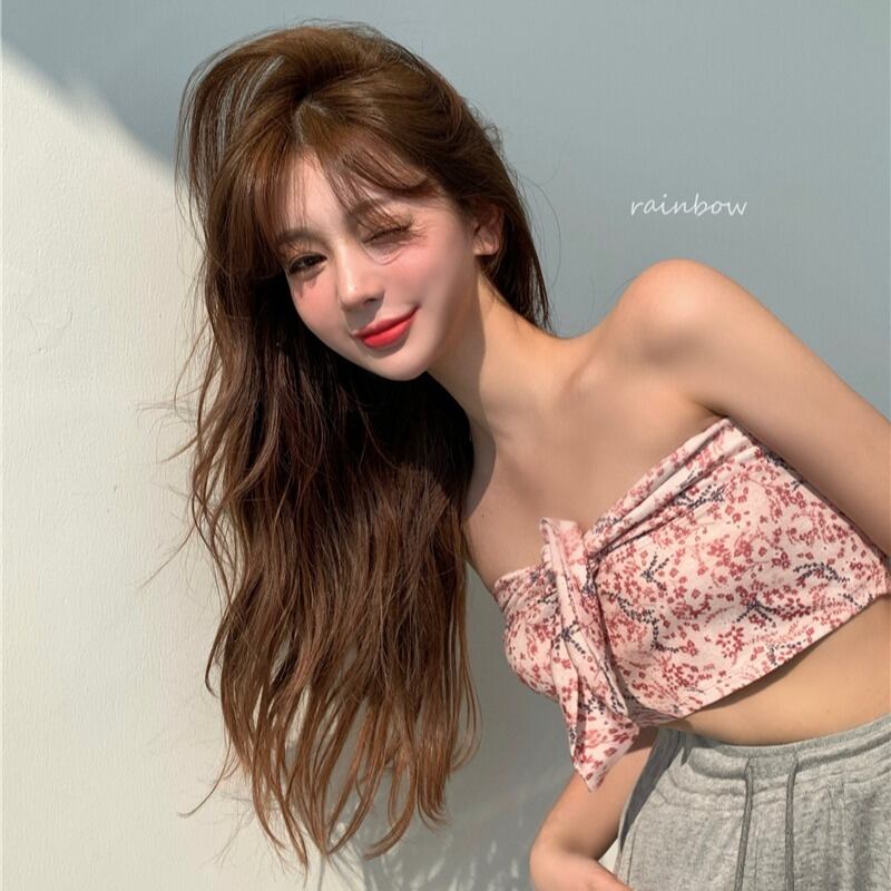 チューブトップレディースサマーギャザーストラップレスセクシーアンチグレアストラップレススモールベストアウターウェアラップチェストシンボトミングトップ ブラックストロベリース71543464937