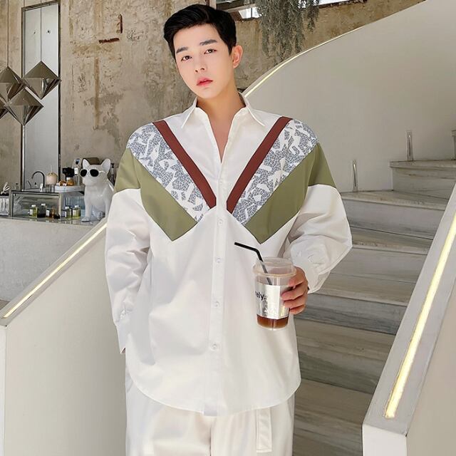 【予約販売】シャツ 長袖 シンプル 無地 切り替え 柄 メンズ ホワイト レトロ カジュアル シック こなれ感 お洒落 韓国 トレンド 春 秋 M/L/XL