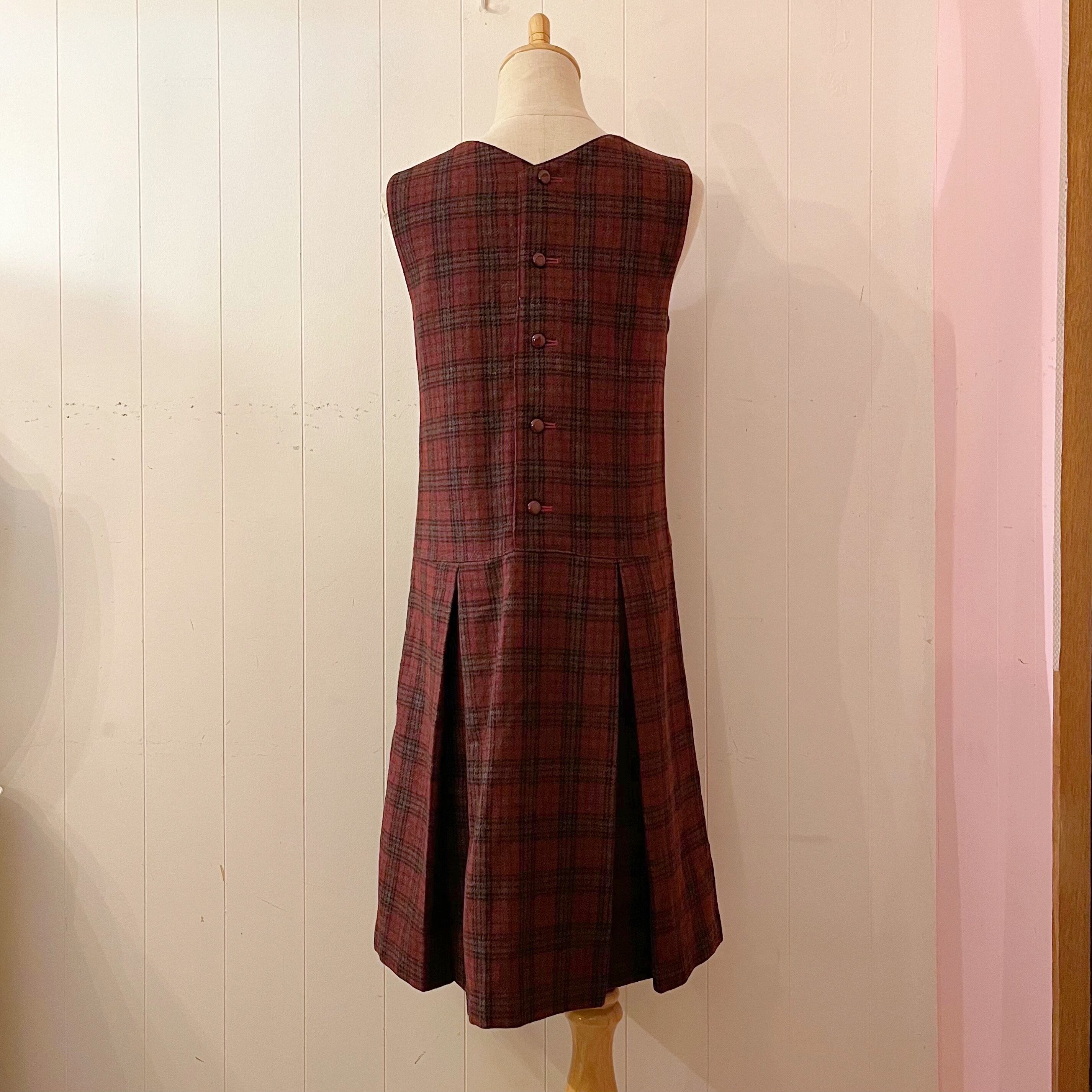 red check back button jumper skirt