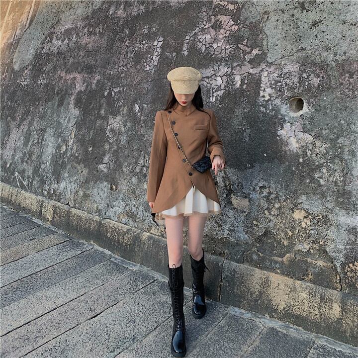 冬 イレギュラー レトロ 香港風 フェイク2ピース ワンビース 中・長セクション コート 秋 気質 トップス
