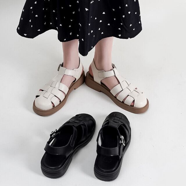 サンダル レディース レザー 牛皮 おしゃれ カジュアル お出かけ 春夏 ブラック/オフホワイト 22.5cm/23cm/23.5cm/24cm/24.5cm/25cm
