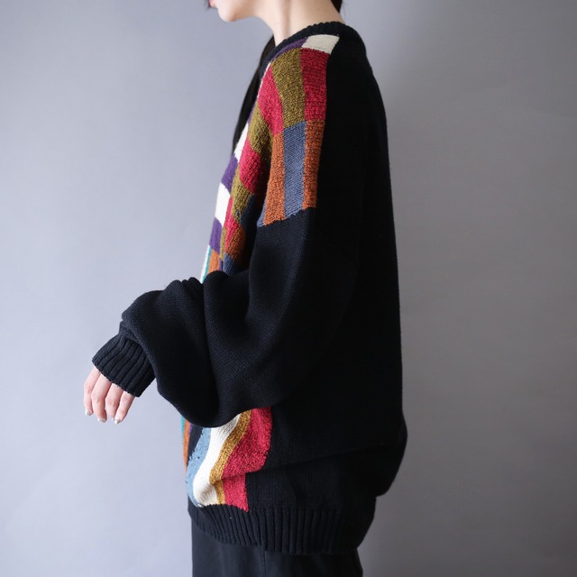 multi block art colorful pattern over silhouette high-gauge knit
