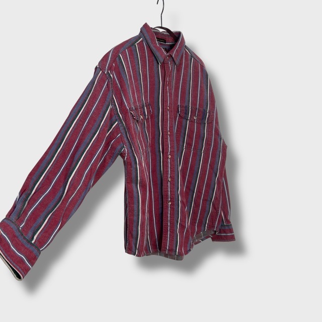 80s エディーバウアー マルチストライプ柄シャツ 黒タグ レッド系 L
