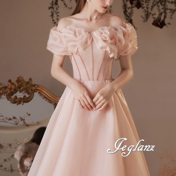 優雅 パーティ ドレス ベアトップ 背中 編み上げ ボリューム チュール (M5917)ζ