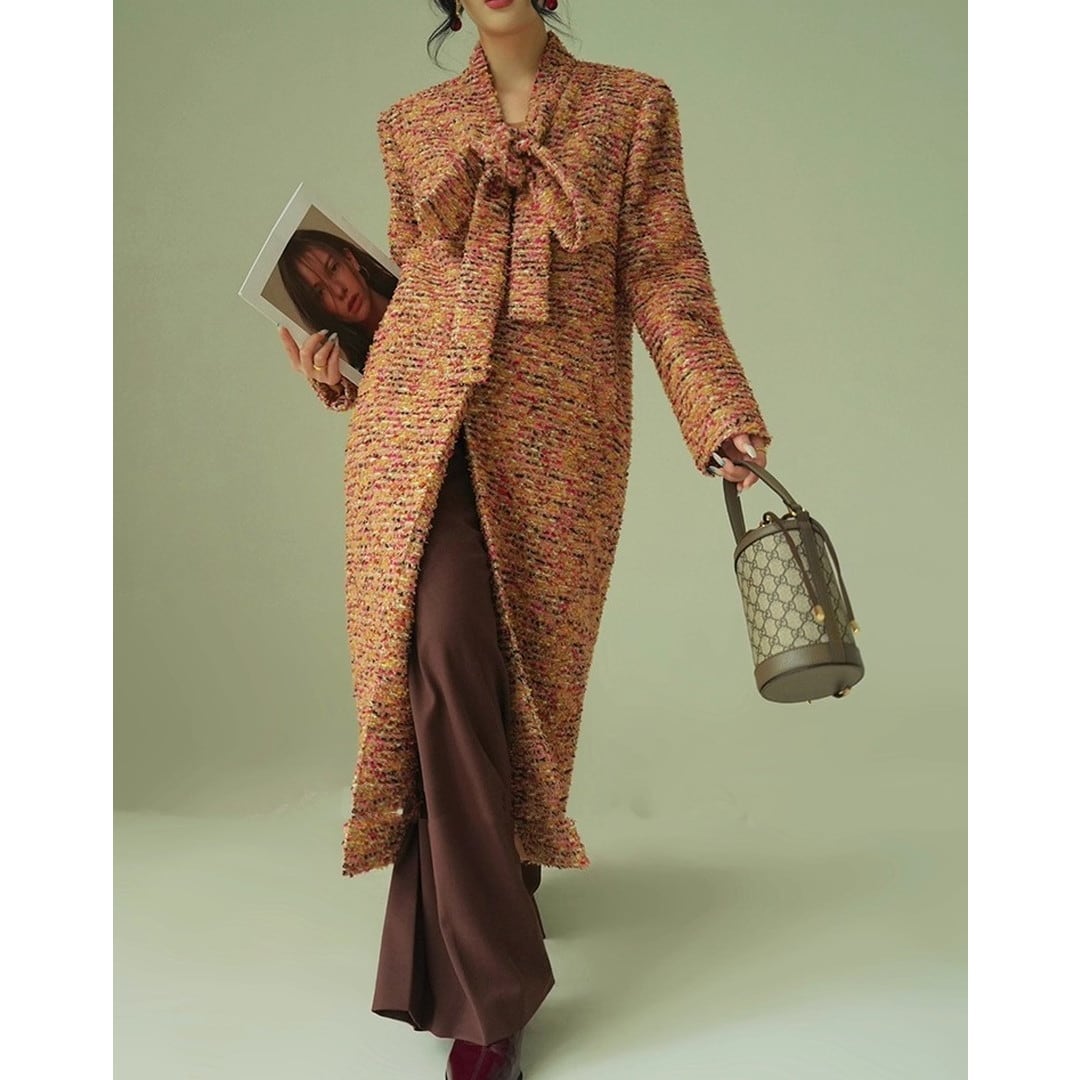 Bowtie Long Sleeve Midi Coat V3104