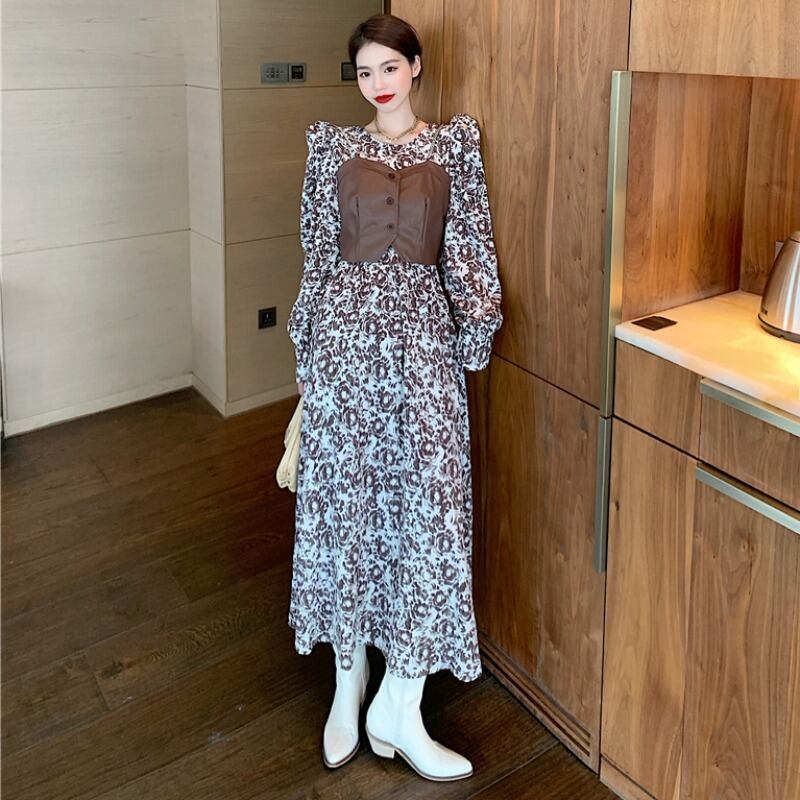 スタンダードスタイルレザーウェストフローラルドレス レトロ 花柄 YY-ファッション17754596214