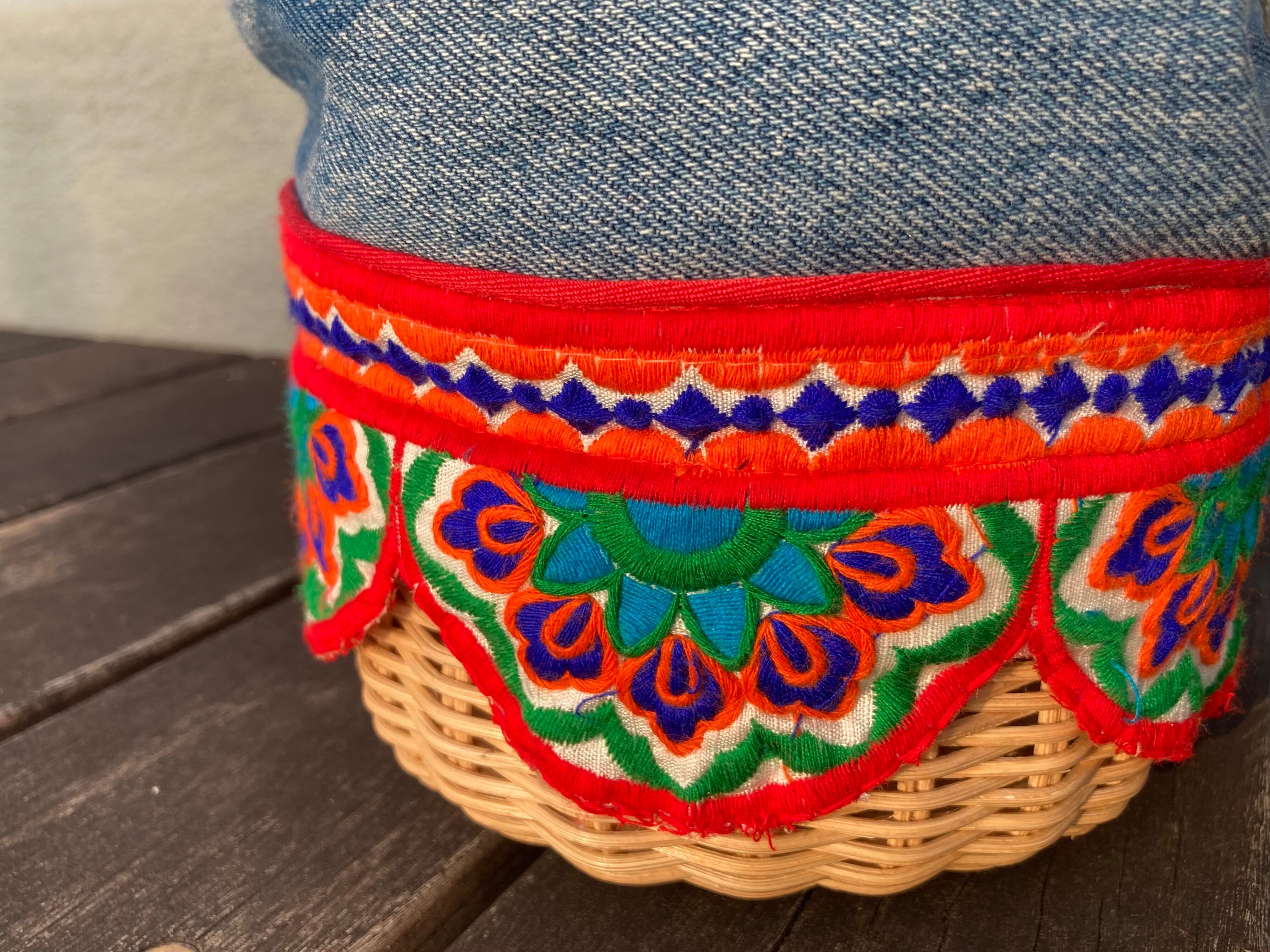 Type custom Drawstring Basket Blue Denim × India Embroidery ribbon