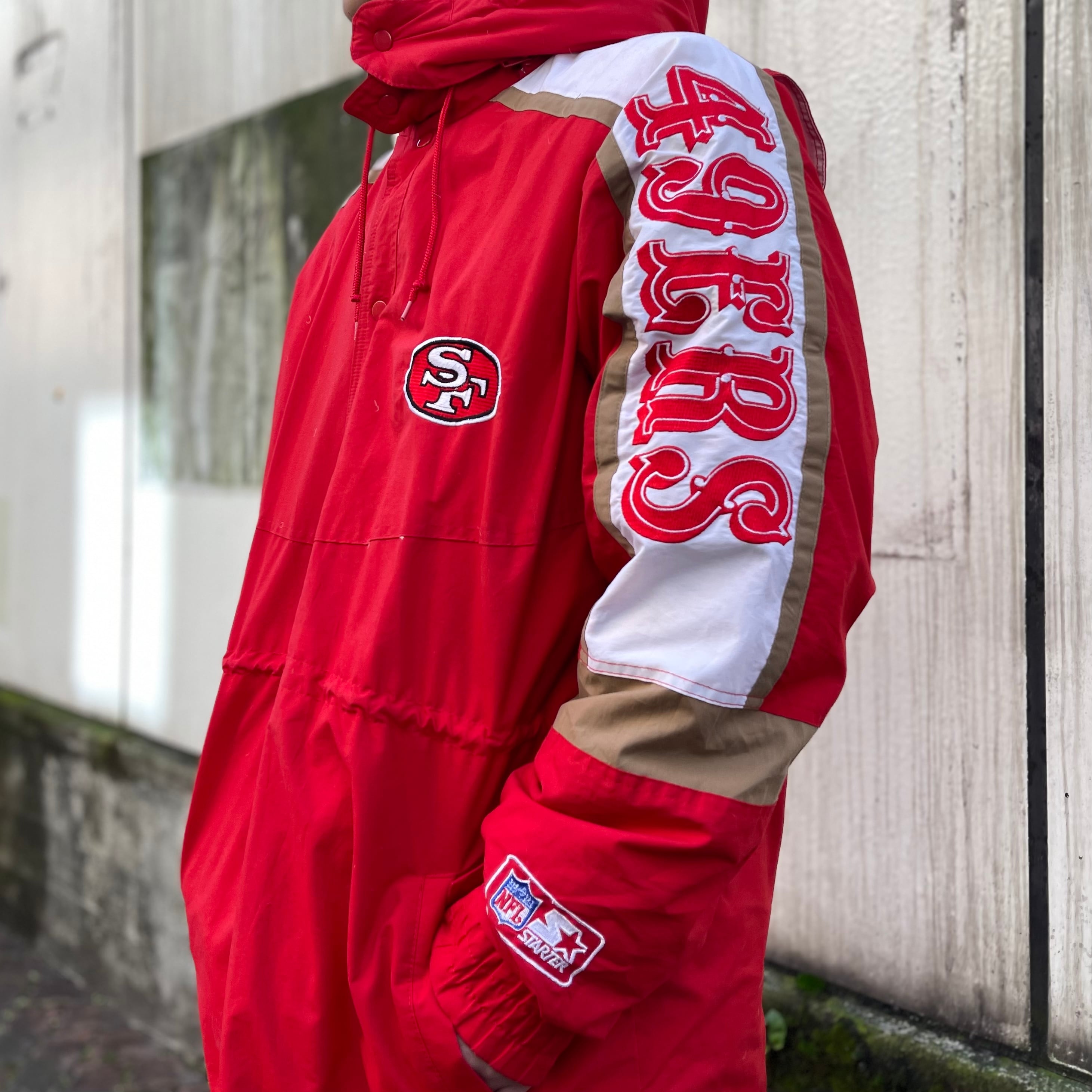 size：L【 STARTER 】49ERS スターター フォーティーナイナーズ NFL ミドル丈ダウンジャケット ダウンジャケット 赤 白 古着  古着屋 高円寺 ビンテージ