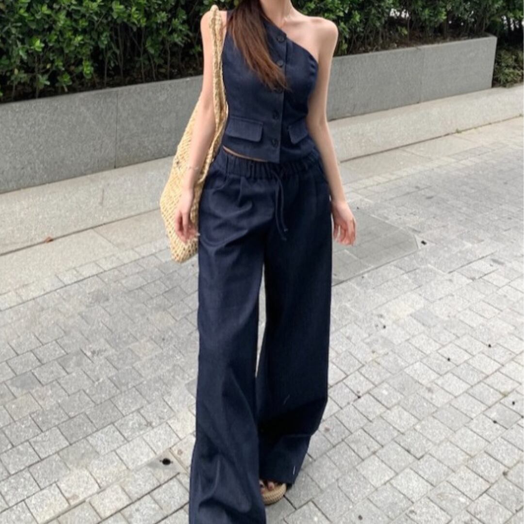 ワンショルダー デニムトップ &ワイドパンツ セットアップ 3412622