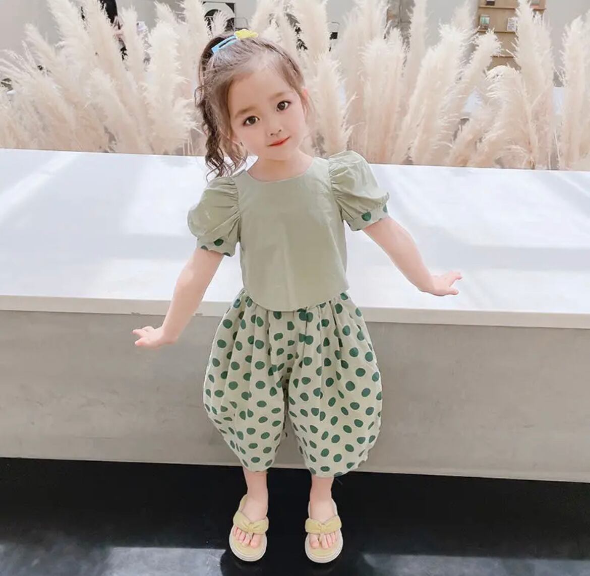 半袖バックリボントップス/ドット柄パンツ