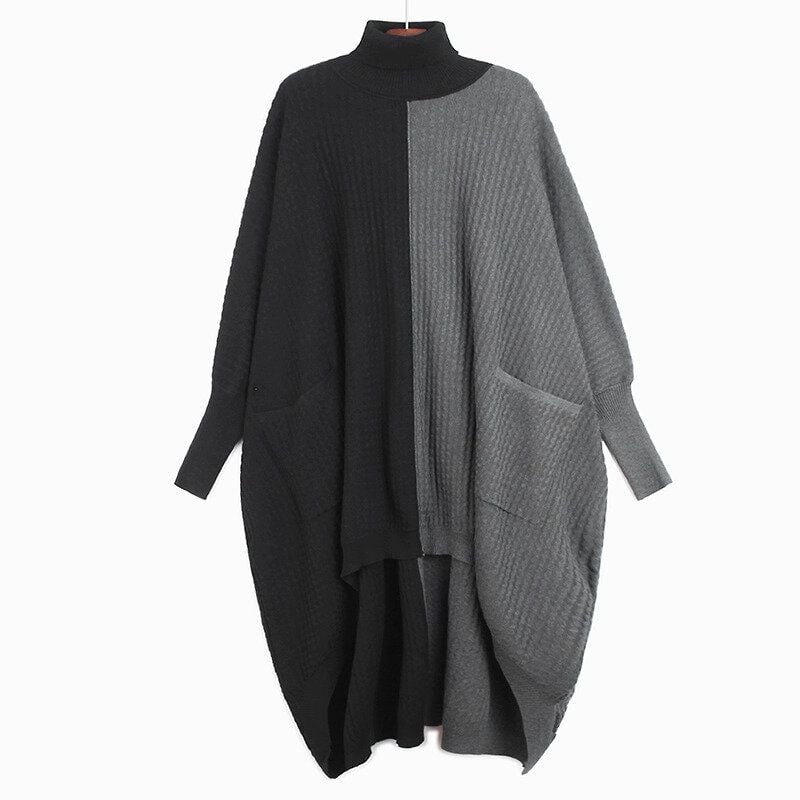 CONTRAST TURTLE NECK HIGH-LOW HEM PULLOVER KNIT 2colors M-15490