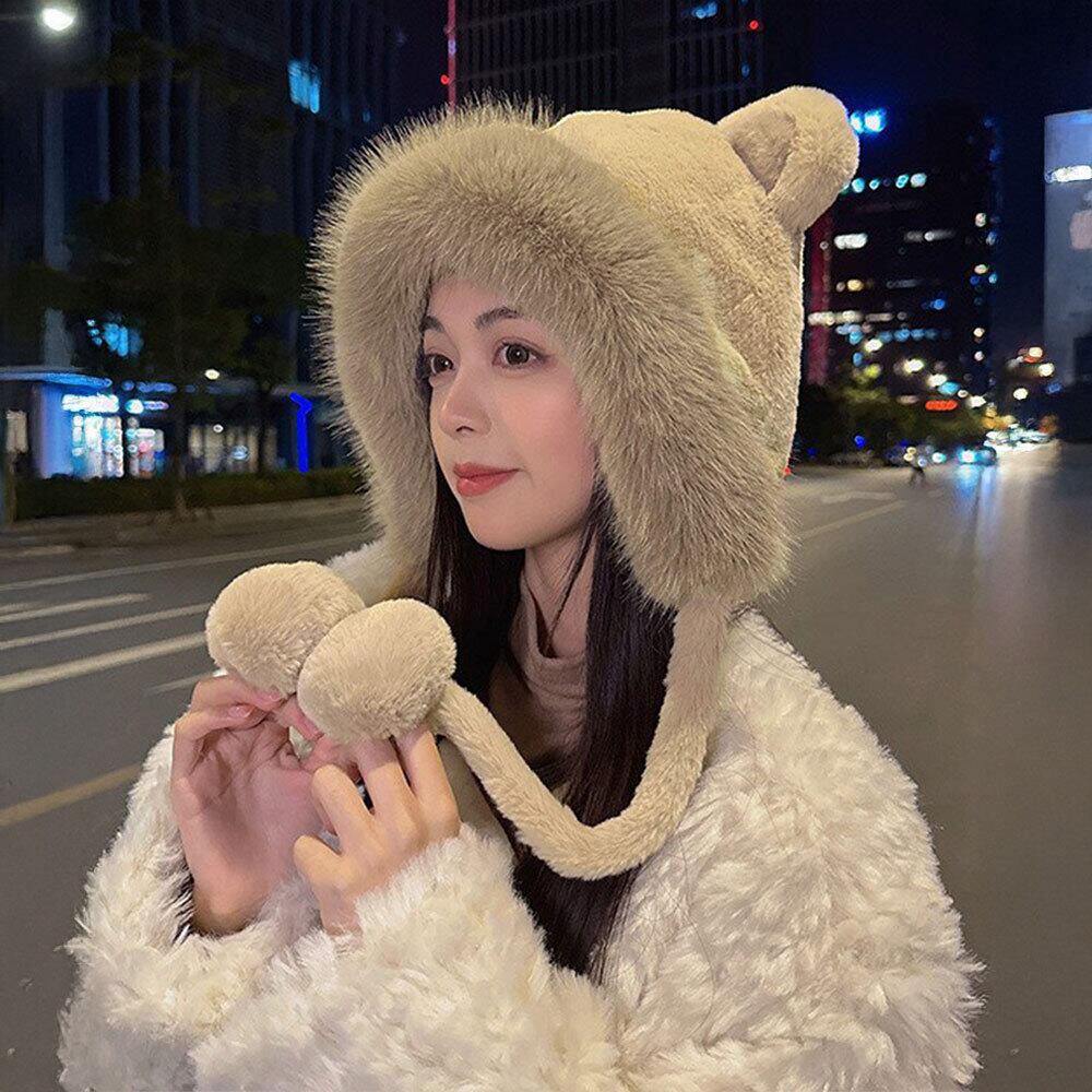 くま耳 ファー ハット レディース 韓国 帽子 防寒 保温 おしゃれ 大人 かわいい 暖かい 柔らかい 小顔 ふわふわ ポンポン付き 大人可愛い 大人女子