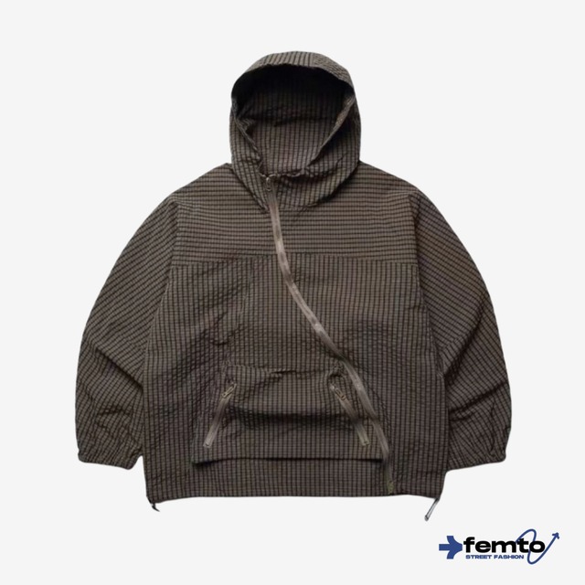 Checkered zip-up anorak parka 0305