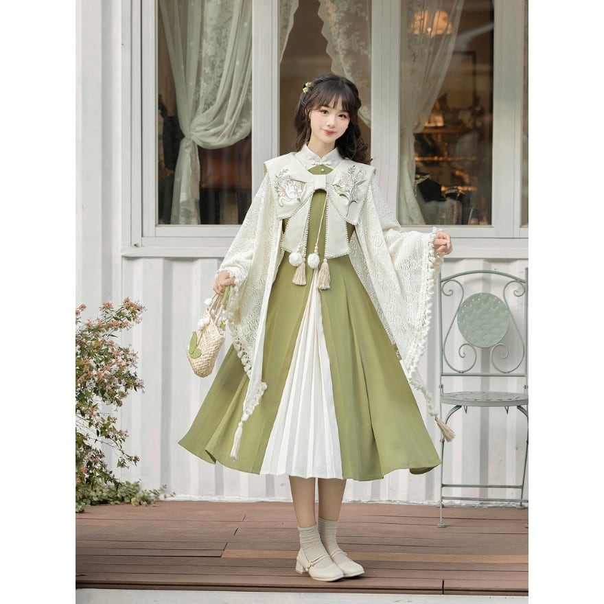 ゴスロリ・ロリータドレス ダークグリーン ケープ 中華ロリータ 2点セット レースケープ×ワンピース 抹茶色×カーキ
