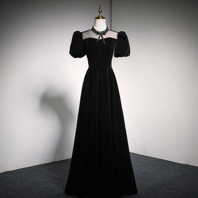 パーティードレス ベルベット パフスリーブ 演奏会 ロング丈 ブラック