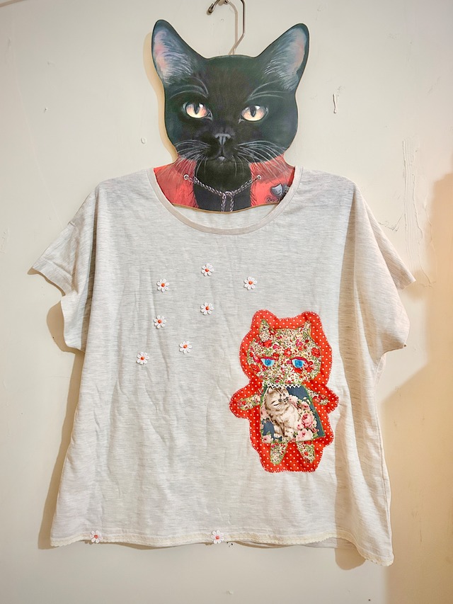 青い花畑ねこ　Tシャツ　チュニック　ドルマンスリーブ　フリーサイズ