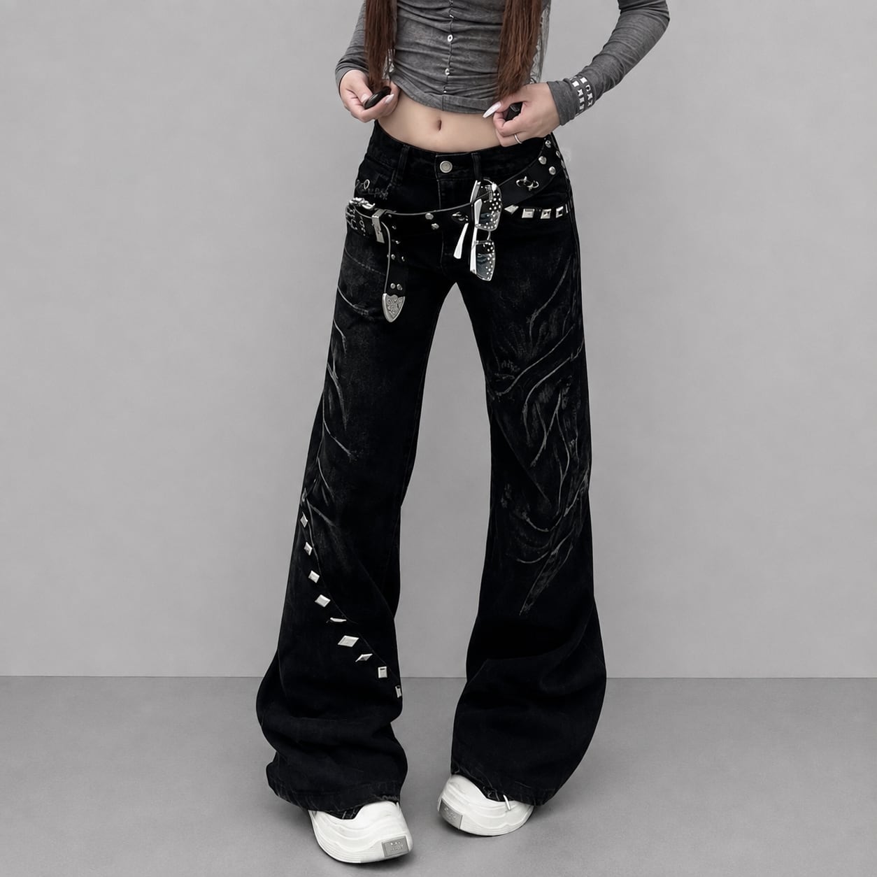 asymmetry studs wide pants / l0741