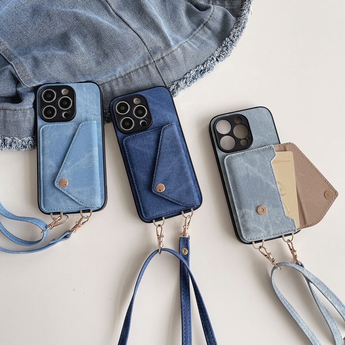 デニム調 iPhoneケース スマホショルダー付き カード収納 背面ケース 