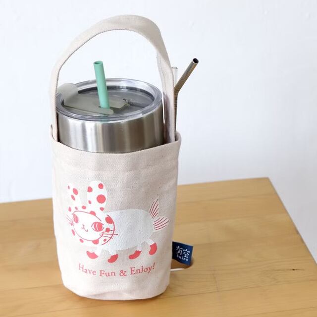 ハンドメイド ドリンクホルダー、被り猫ちゃん柄