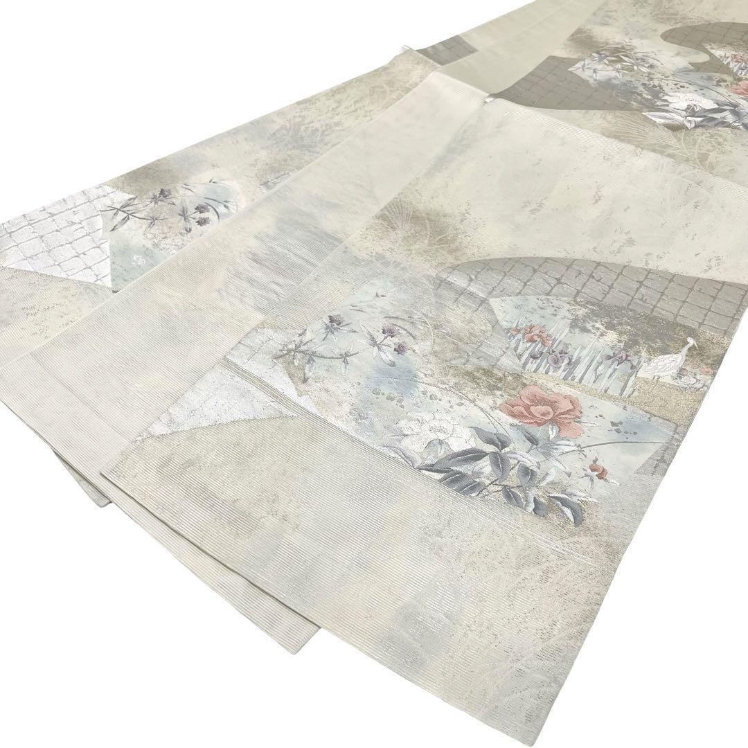 夏帯 袋帯 絽 流水に花模様 菖蒲 鳥 金銀糸 乳白色 O-3941 - 袋帯 