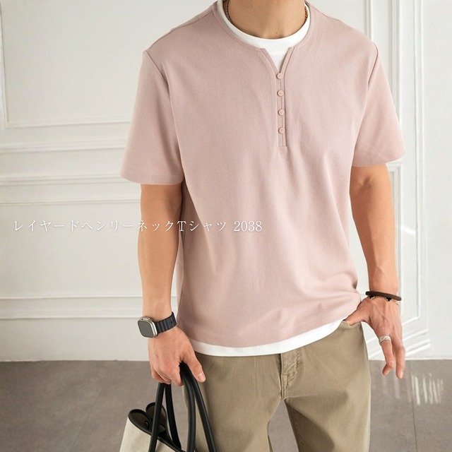 フェイクレイヤードヘンリーネックTシャツ 2038