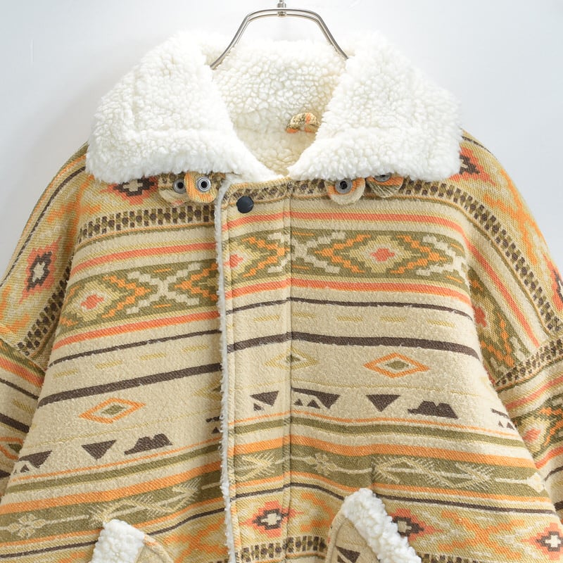 80~90s ON-TIME トライバル ネイティブパターン ボア ブルゾン ヴィンテージ B-3風 エスニック柄 ビンテージ メンズXL相当