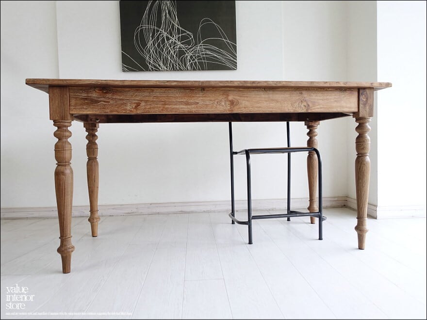 チーク無垢材 ヴィンテージテーブルAnq/E ダイニングテーブル 什器 机 一点物 再生家具 表面再仕上済 世界三大銘木 W153cm x D68cm