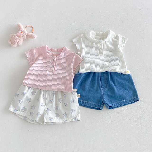 【BABY】リブ編み丸襟ボタン半袖ポロカラーTシャツ - 10