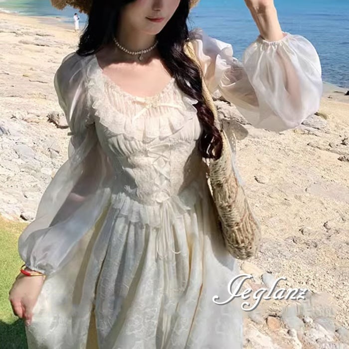 清楚 ワンピース ドレス レースアップ きれいめ シアー感 (M6366)α