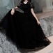 ドレス ロング丈 プリンセスライン 半袖 Vネック ケープ風トップス レース 刺繍 シック エレガント きれいめ ブラック 春夏 レディース　BADA0109