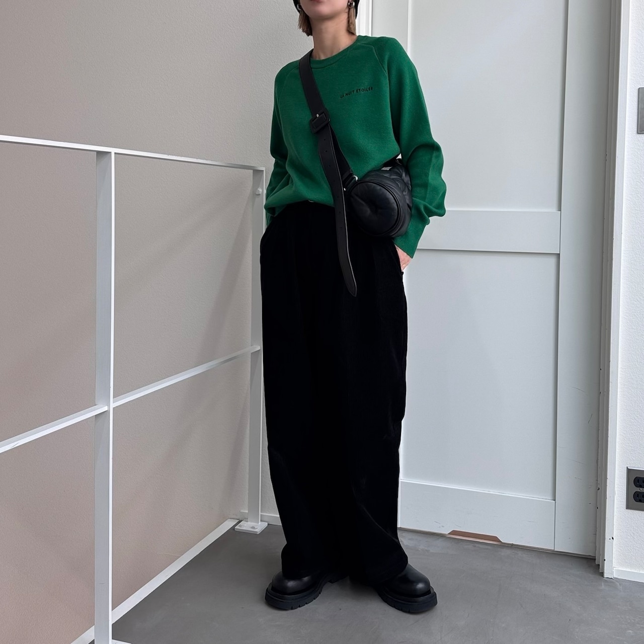 刺繍ロゴスウェットライクKnit/グリーン