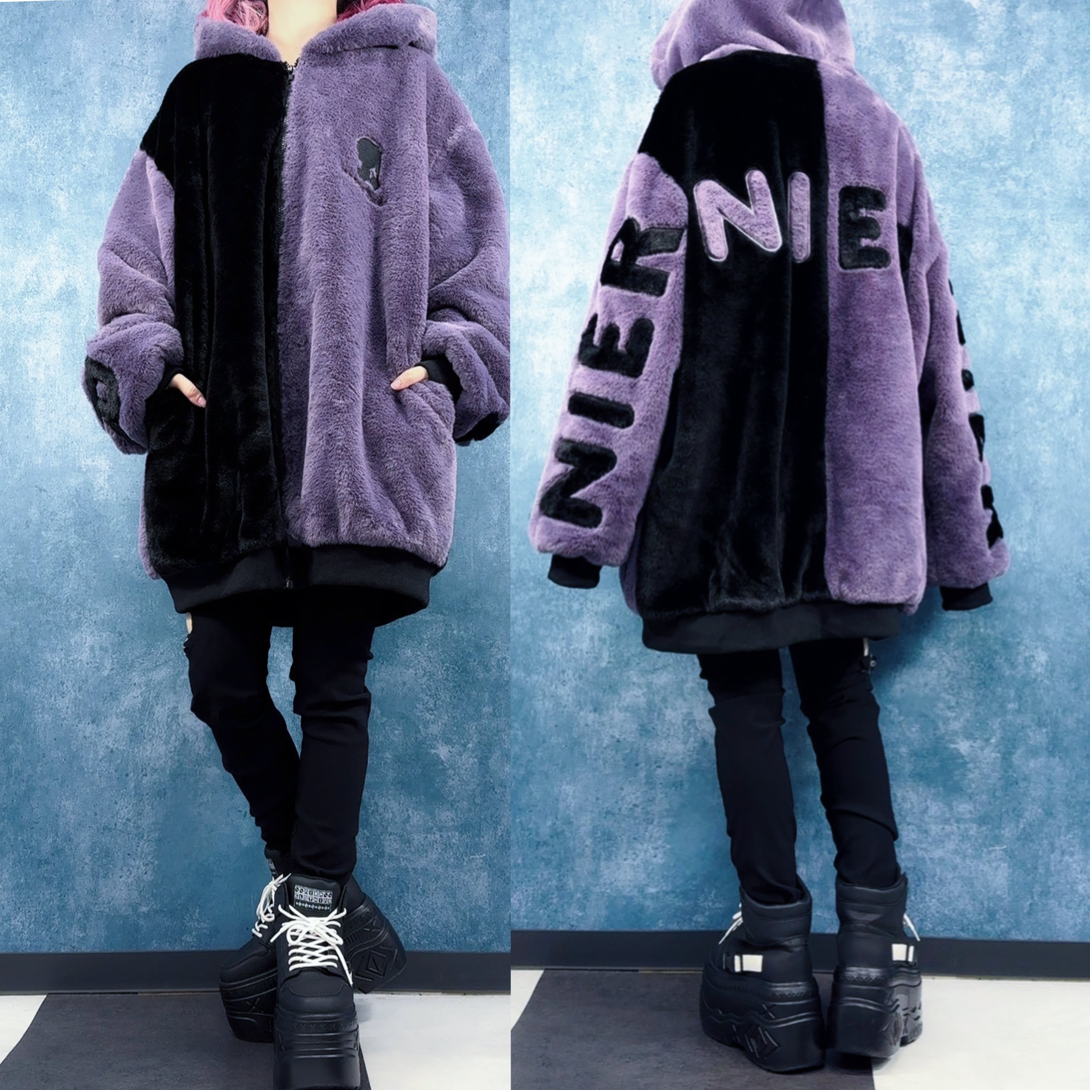 超ふわもこ】TWO-TONE ZIP OUTER -BLACK×PURPLE- | NIER CLOTHING