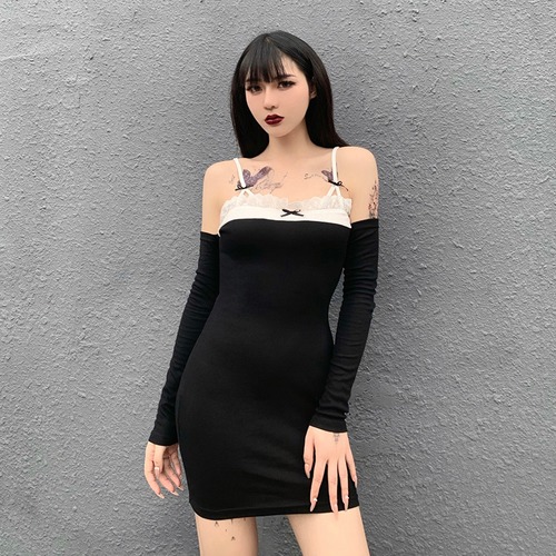 ✞ダークレースフリルりぼんハイウェストタイトニットワンピースドレスOP 黒 ロング ステッチ ✞✝✞ ゴスロリ SM ミリ 甘ロリ クラロリ 和ロリ エレガント 黒ロリ 姫ロリ 華ロリ AA-AA99423025035