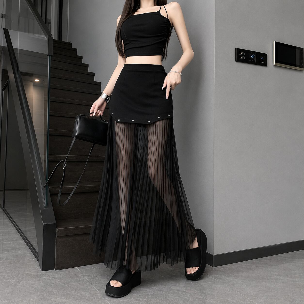 sheer pleats long skirt / l0714