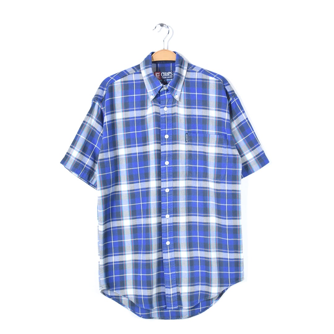 チャップス ラルフローレン ボタンダウンシャツ 鹿の子コットン ブルー系 半袖シャツ CHAPS RALPH LAUREN メンズS 古着 @CB1311