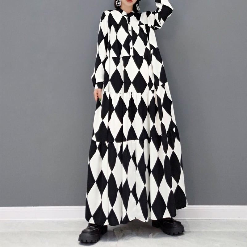 STAND COLLAR A-LINE TIERED LONG SHIRT DRESS 2colors M-3966
