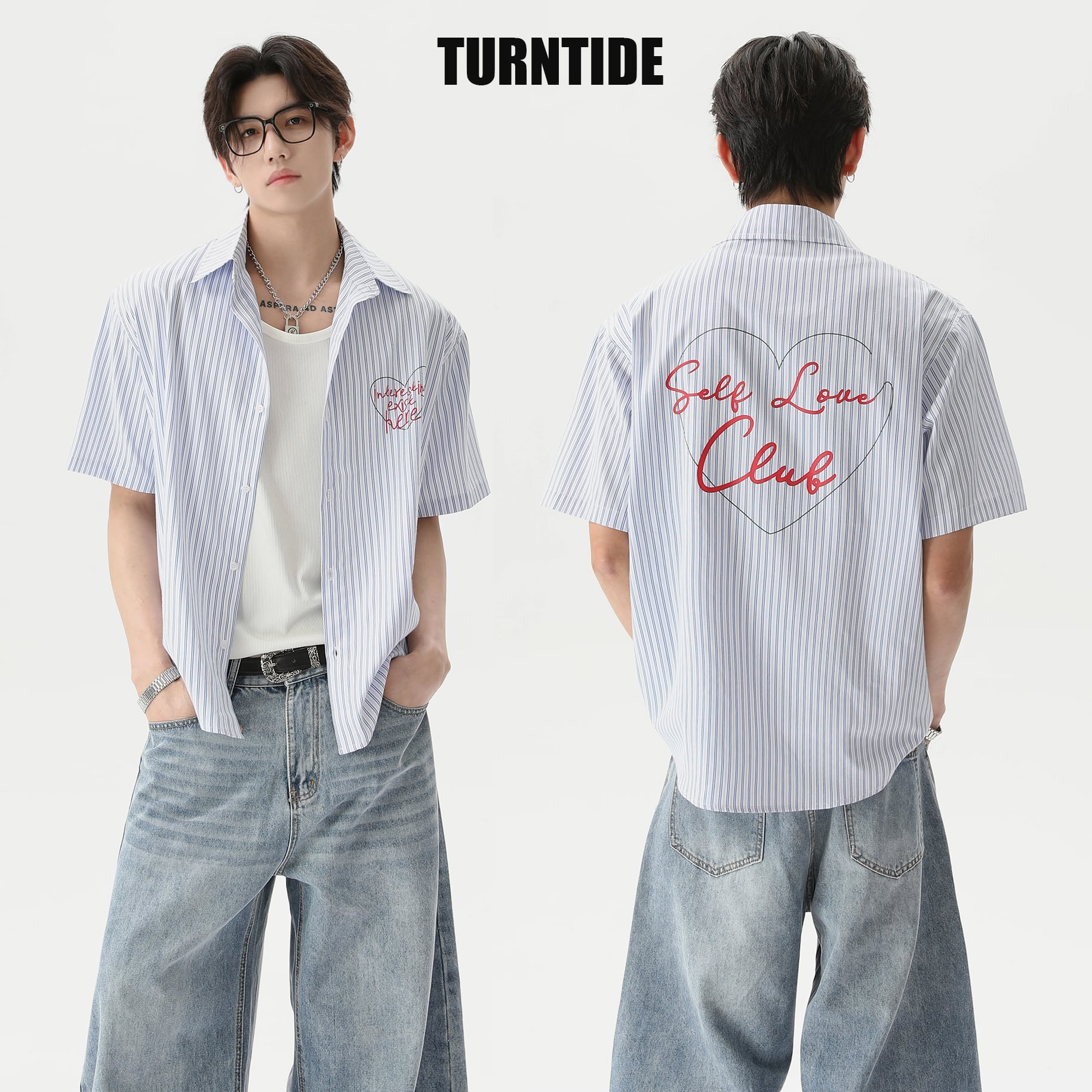TURNTIDE 半袖 ストライプ シャツ プリント おしゃれ 男女兼用