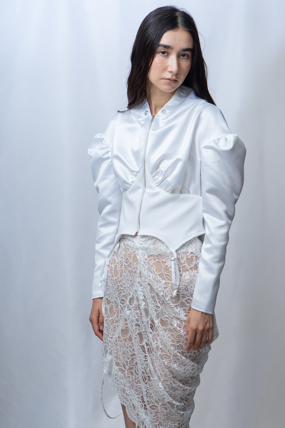 stain puff sleeve hoodie - WHITE
