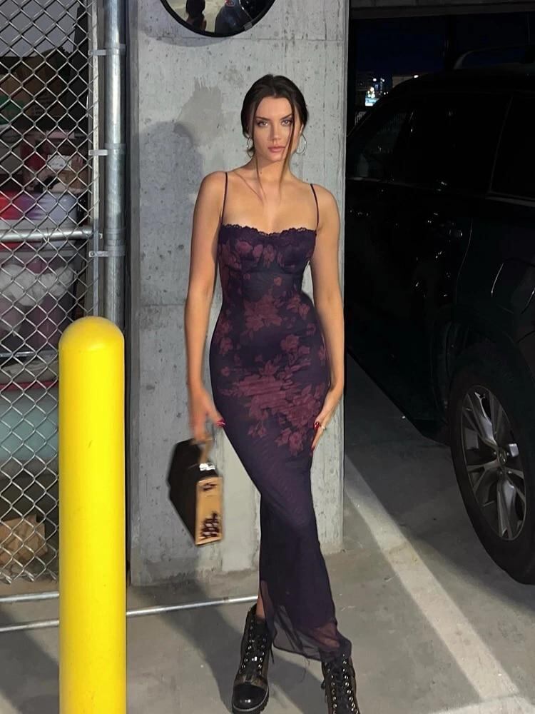 サンハート-女性のためのレース付きのエレガントなスパゲッティストラップ付きのセクシーなロングドレス,花柄,マキシ丈,肌に密着,イブニングウェア,裸の背中