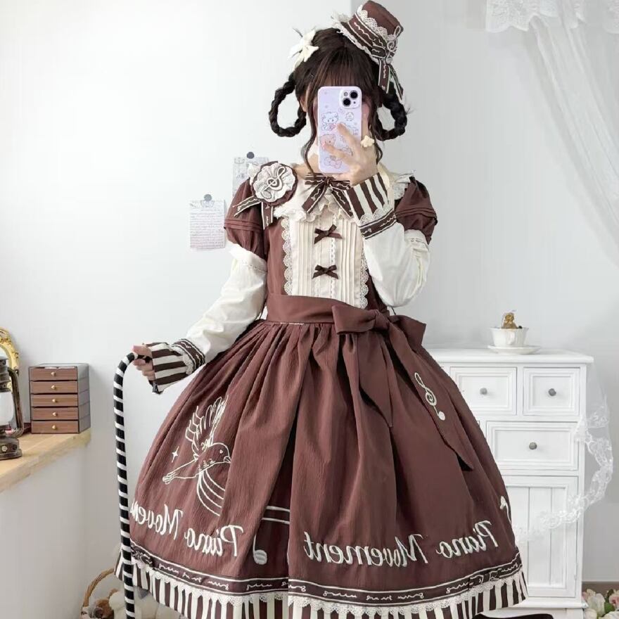 古書館に響く鍵盤の旋律 音符刺繍継袖付きクラロリロングワンピース