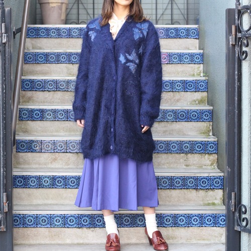 EU VINTAGE NAVY COLOR DESIGN LONG MOHAIR CARDIGAN/ヨーロッパ古着ネイビーカラーデザインロングモヘアカーディガン