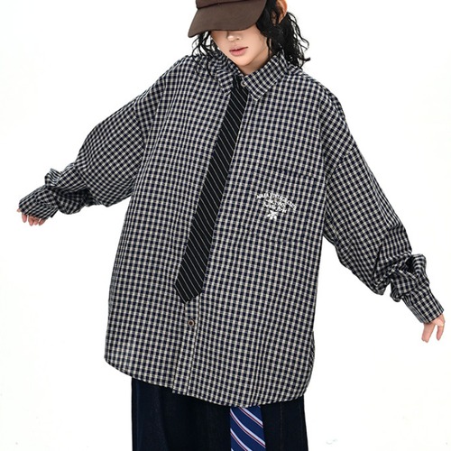 checked logo tie shirt　チェック柄ロゴネクタイシャツ　J1371