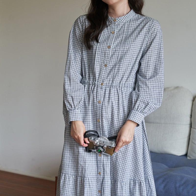 スタンドカラードローストリングドレス M1858